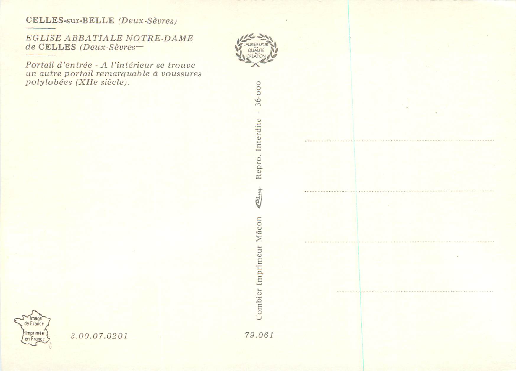CPM Celles sur Belle (Deux Sevres) Eglise Abbatiale Notre Dame de Celles (Deux Sevres) Portail d'Entree — Back