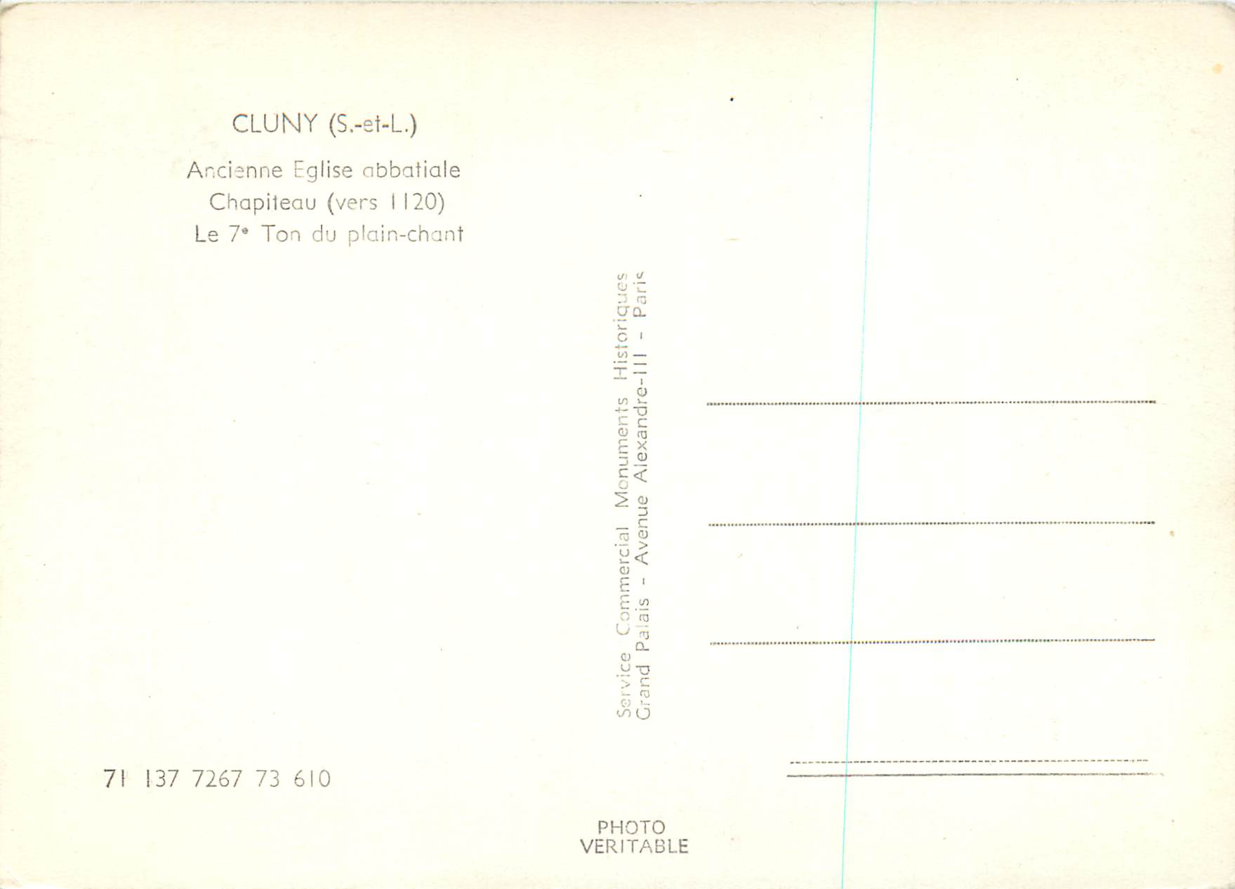 Cluny (S.-et-L.) — Ancienne église abbatiale — Chapiteau (vers 1120) — Le 7e ton du plain-chant — Rückseite