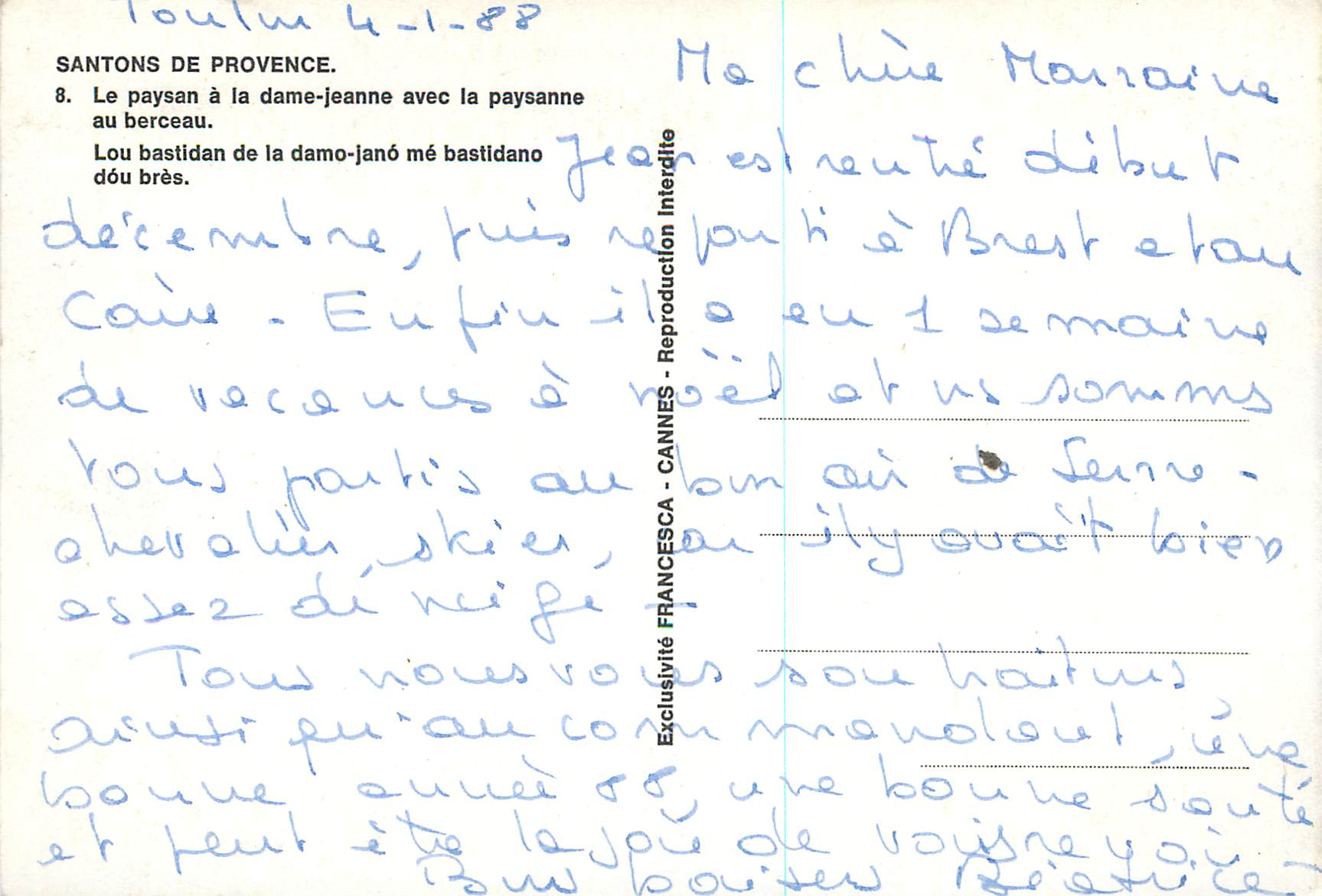 CPM Santons de Provence Le Paysan a la Dame Jeanne avec la Paysanne au Berceau — Verso