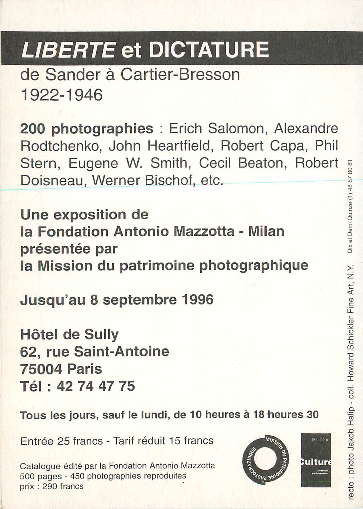 CPM Liberte et Dictature de Sander a Cartier Bresson 1922 1946 Une Exposition La Fondation Antonio Mazzota Milan Bateau  — Verso