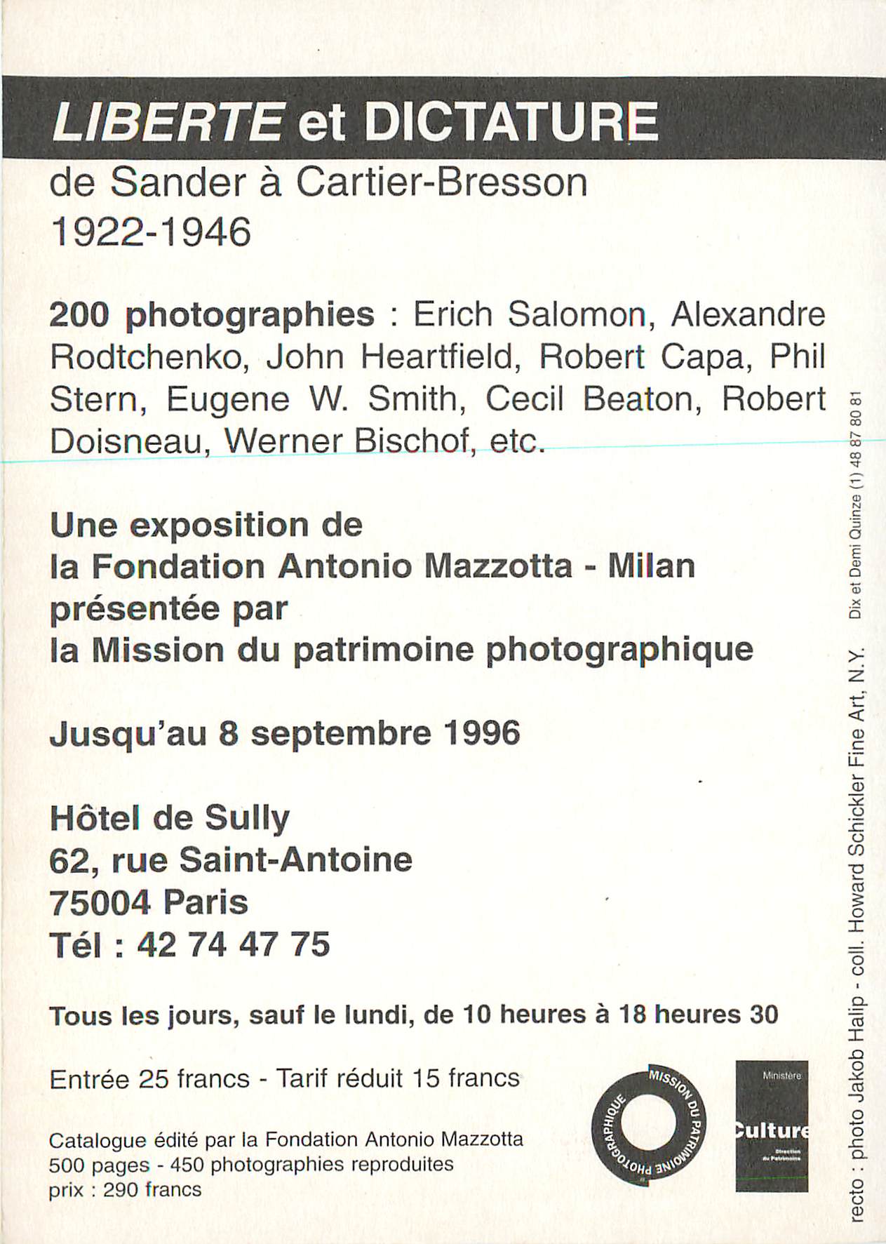 CPM Liberte et Dictature de Sander a Cartier Bresson 1922 1946 Une Exposition La Fondation Antonio Mazzota Milan Bateau  — Rückseite