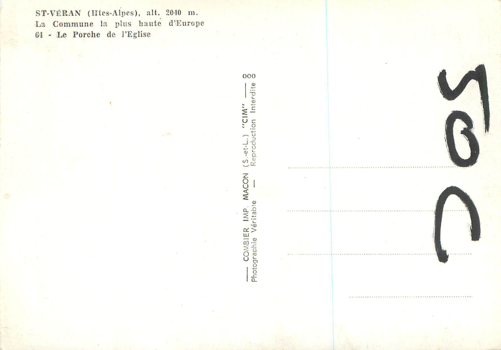 St-Véran (Htés-Alpes) — Le Porche de l'Église — Combier Imp. Macon — Verso