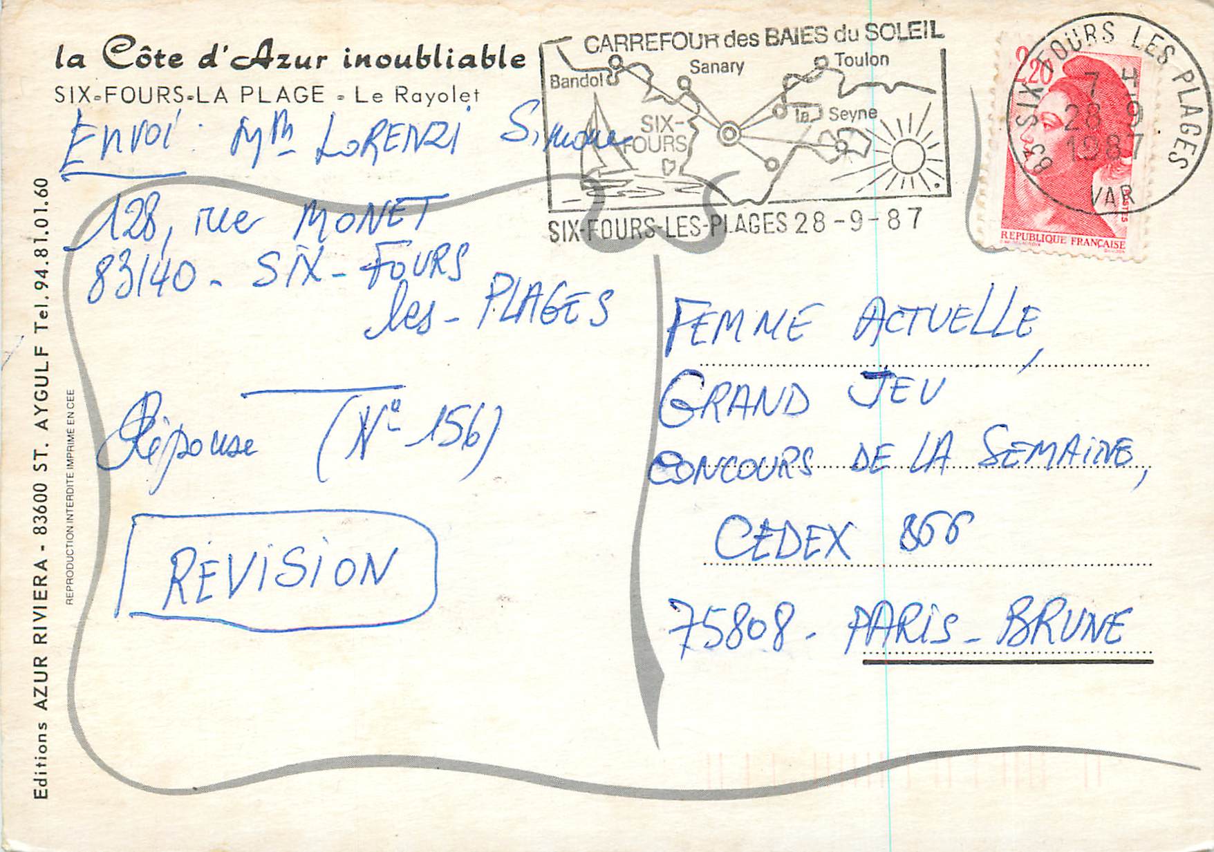 CPM Six Fours La Plage Le Rayolet La Cote d'Azur Inoubliable — Rückseite