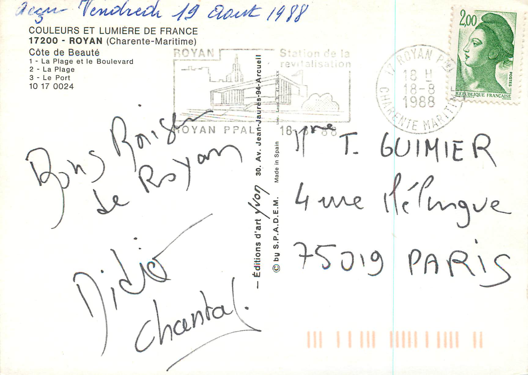 CPM Souvenir de Royan (Charente Maritime) Cote de Beaute Couleurs et Lumiere de France La Plage et les Boulevard La Plag — Back