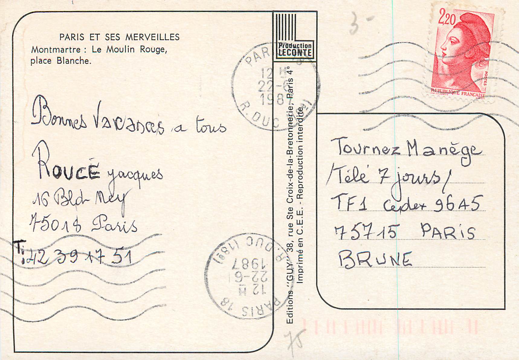 CPM Paris et ses Merveilles Montmartre Le Moulin Rouge Place Blanche Metro — Rückseite