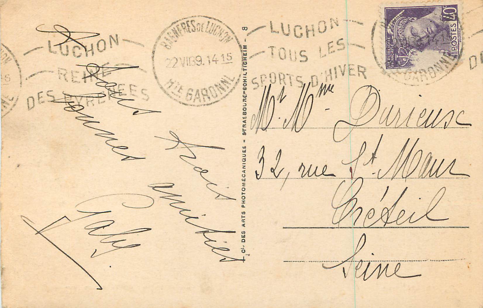 Der Park und der Hafen von Venasque, gesehen vom Casino — Luchon — Verlag: Ch. des Arts Photomécaniques — Rückseite