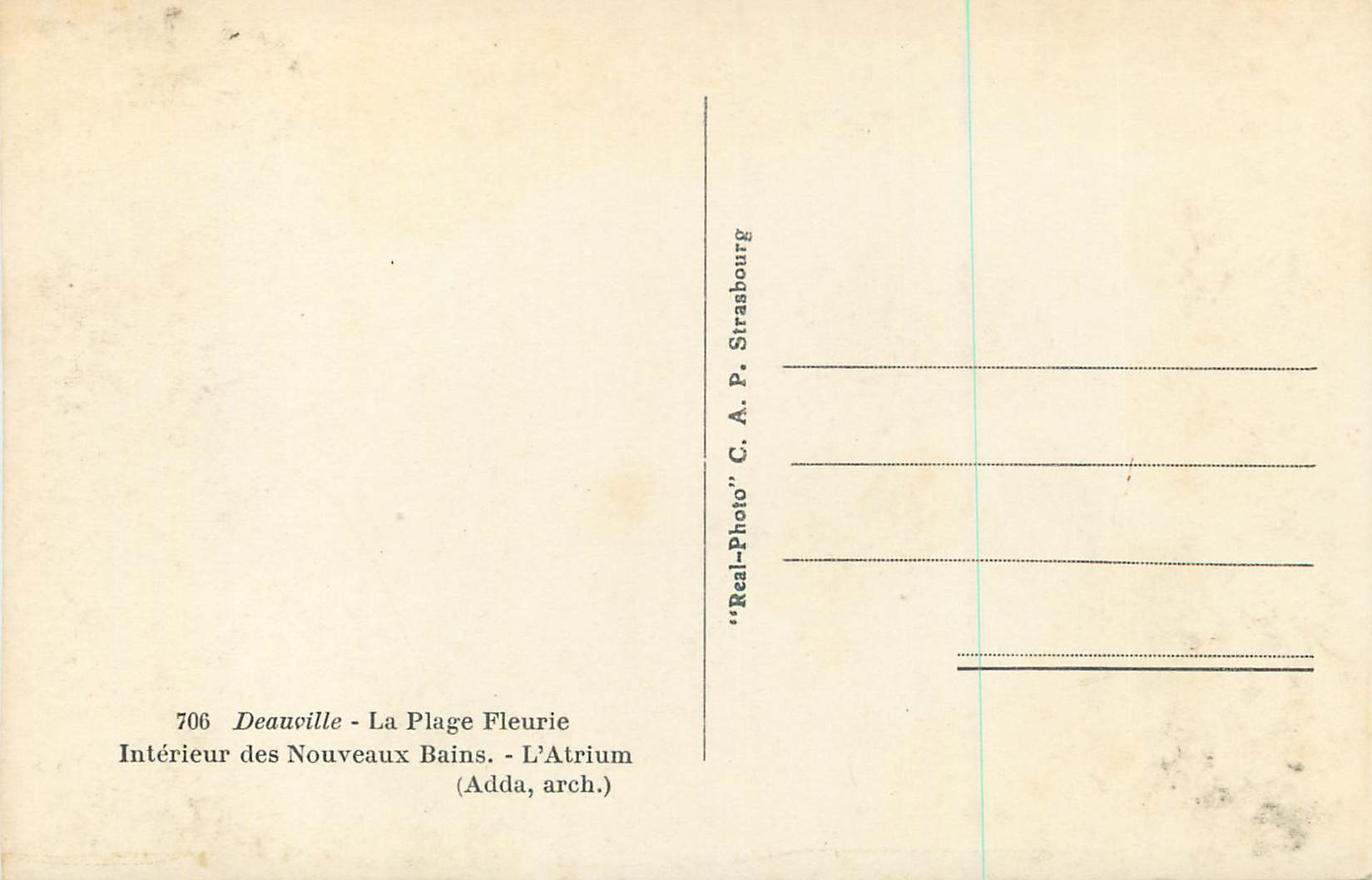 Deauville - La Plage Fleurie - Intérieur des Nouveaux Bains. L'Atrium (Adda, arch.) — Verso