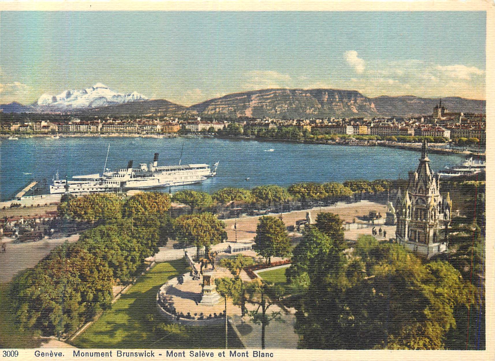 CPM Geneve Monument Brunswick Mont Saleve et Mont Blanc Bateau