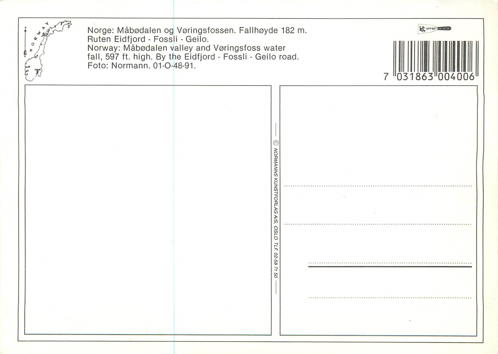 CPM Norway Mabodalen Valley and Voringsfoss Water fall 597 ft High By the Eidfjord Fossli Geilo Road — Verso