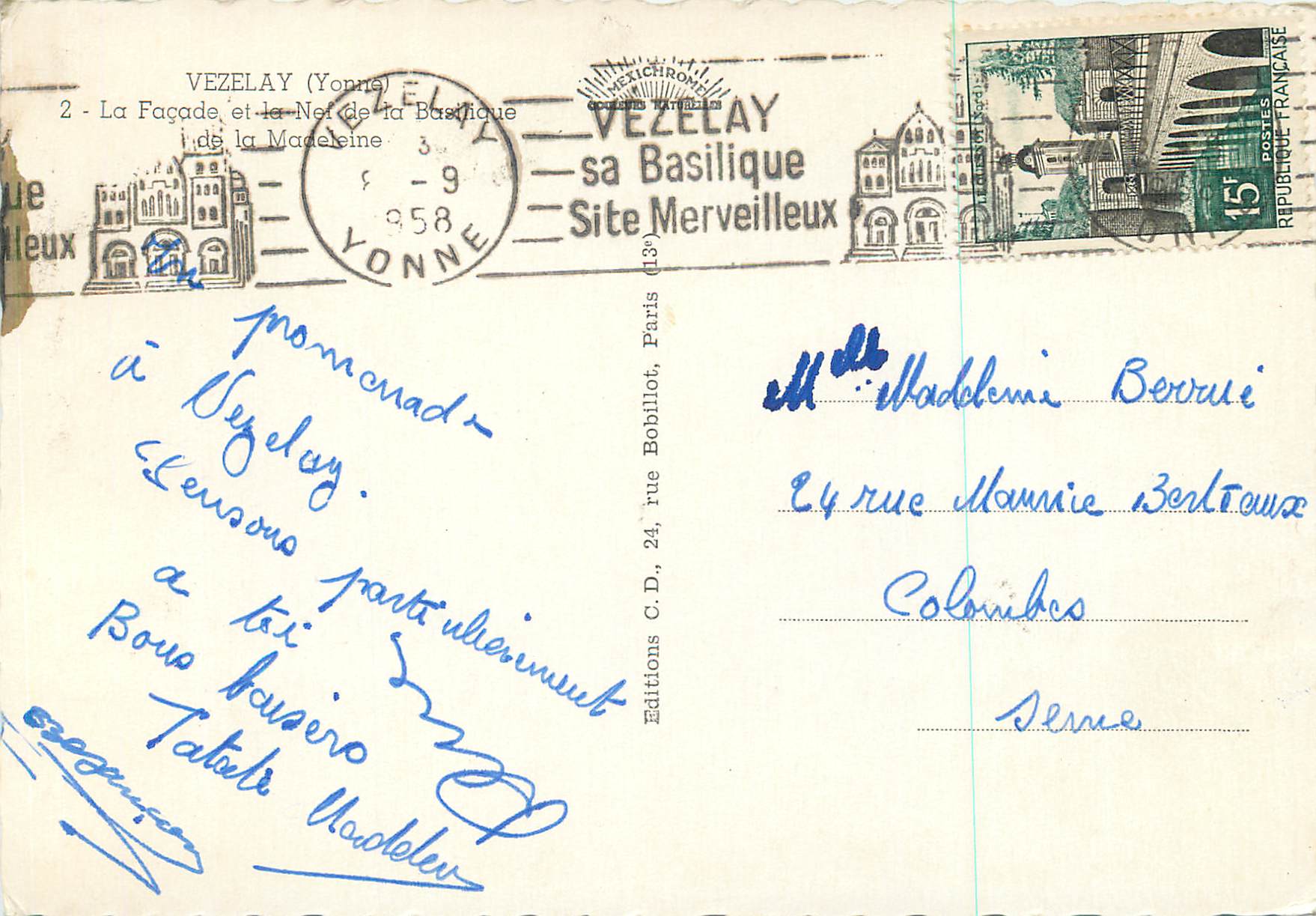 CPM Vezelay (Yone) La Facade et ma Nef de la Basilique de la Madeleine — Rückseite
