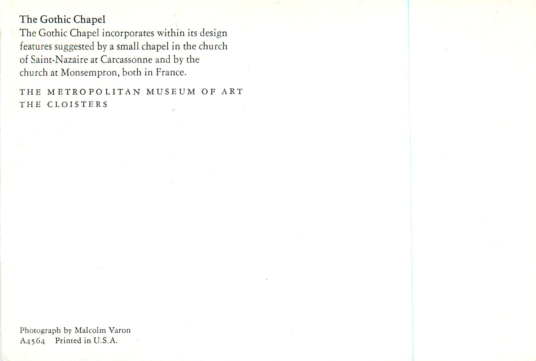 CPM The Gothic Chapel In the Church of Saint Nazaire at Carcassonne The Metropolitan Museum of Art The Cloisters — Back