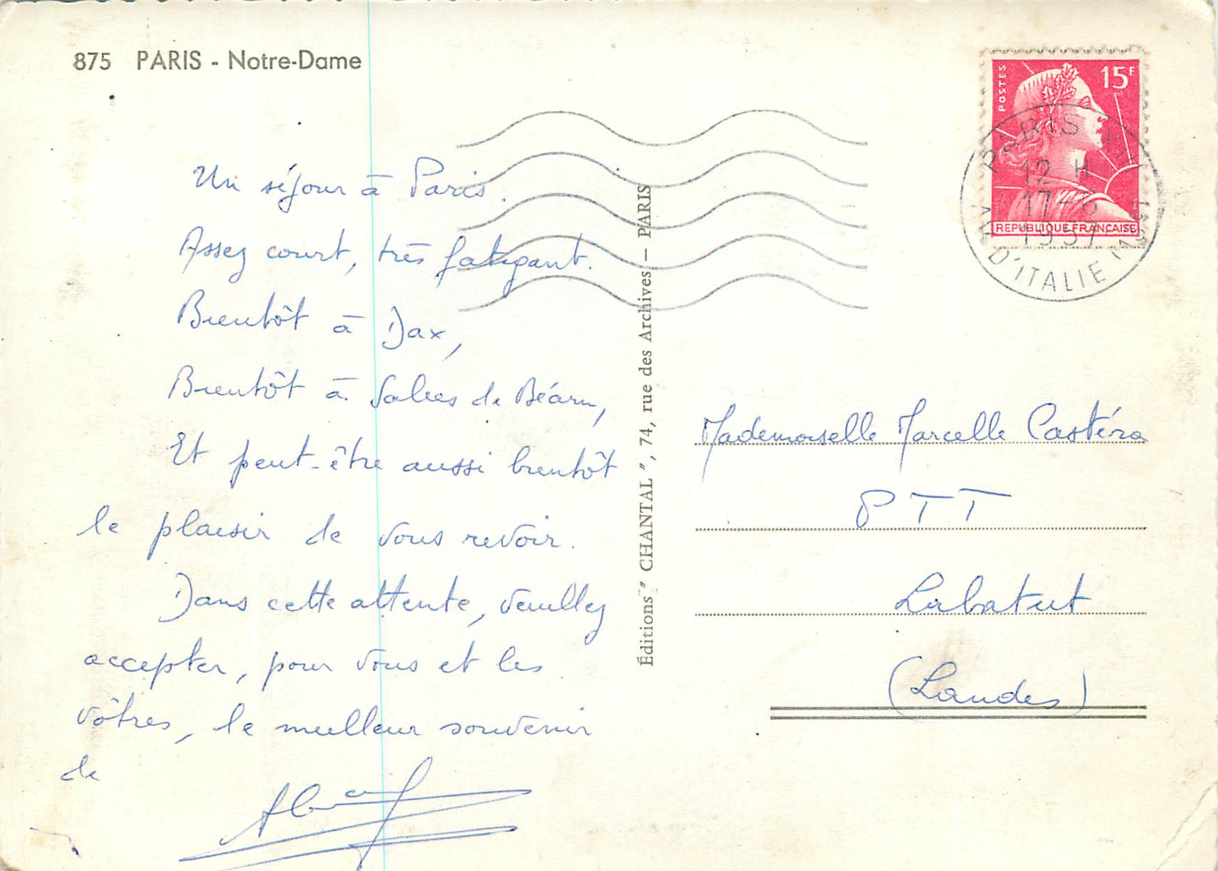 CPM Paris Notre Dame Bateau Peniche — Verso