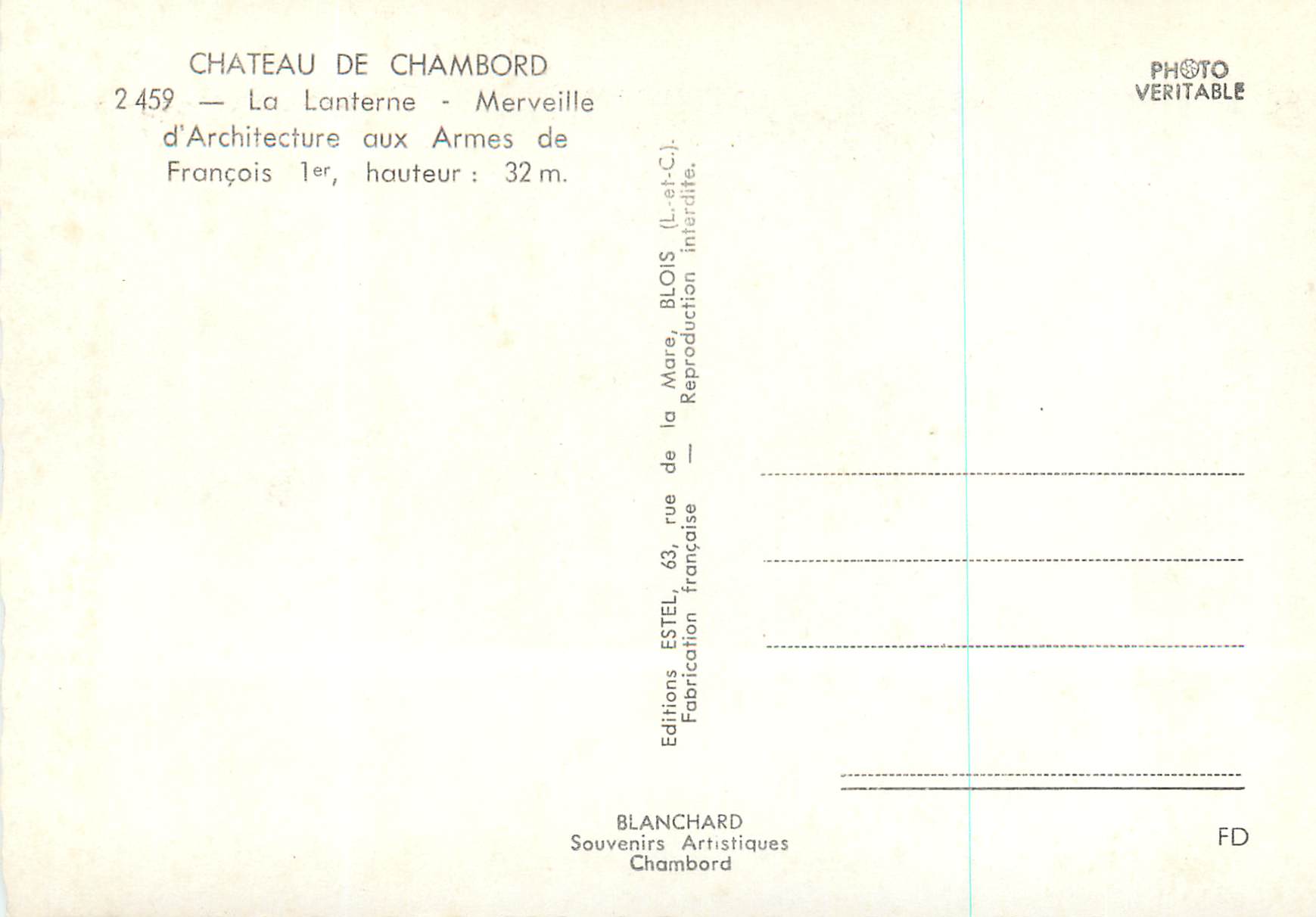 Château de Chambord — Lanterne — Éditeur Estel, n° 2459 — Rückseite