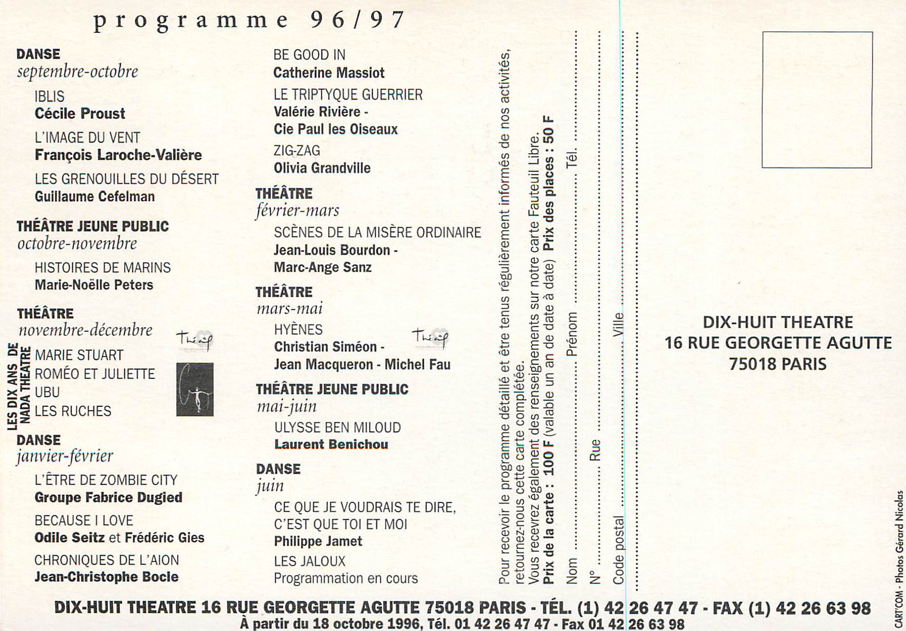 CPM Dix Huit Theatre Saison 96 97 Rue Georgette Agutte Paris 18eme — Verso