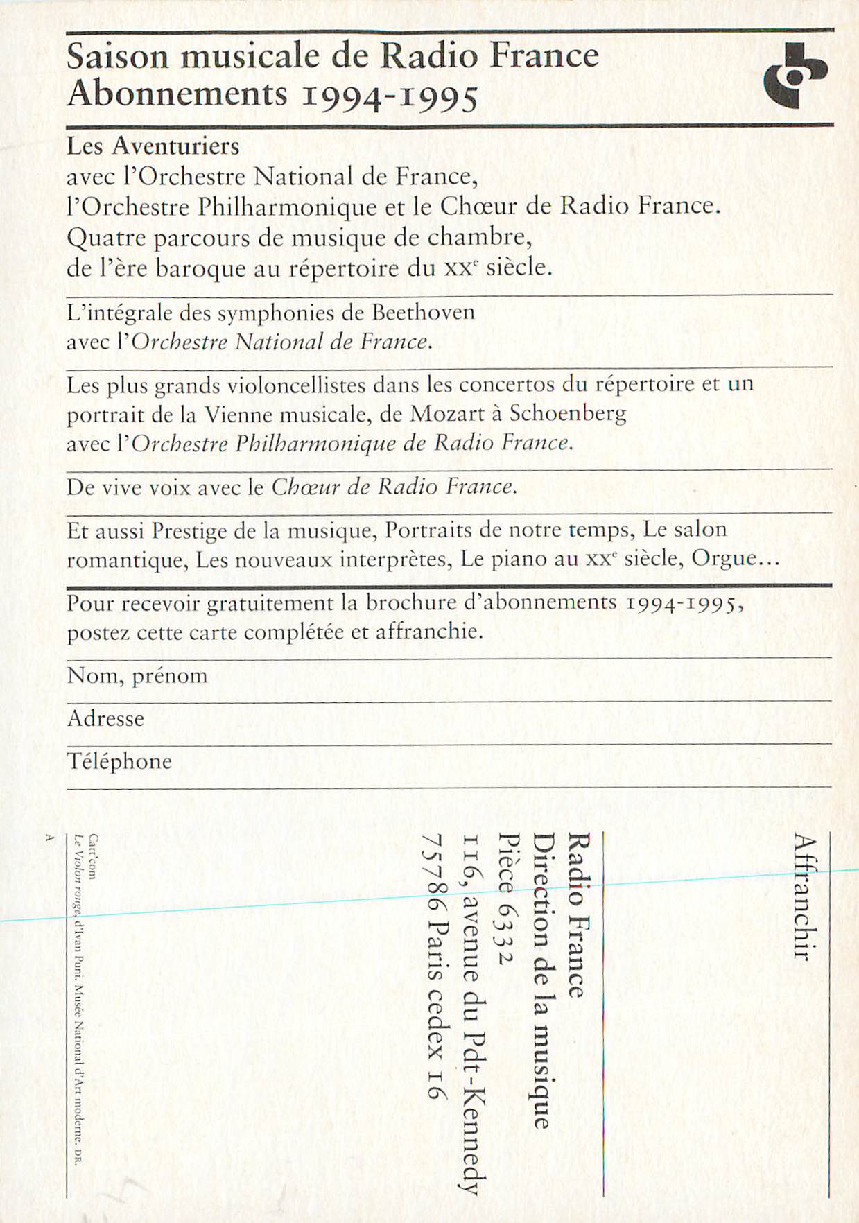 CPM Abonnements Saison Musicale de Radio France Violon Avenue du President Kennedy Paris — Rückseite