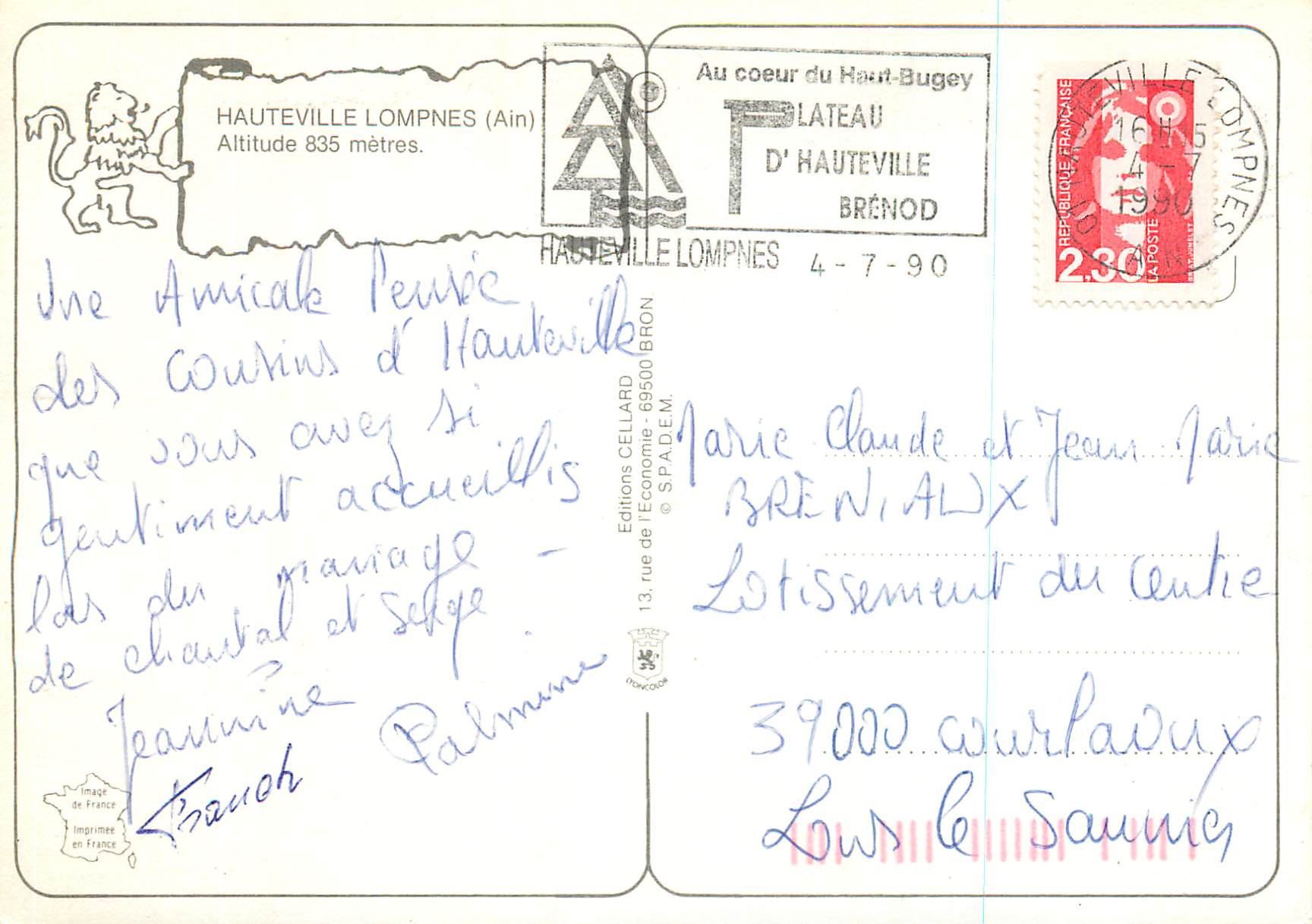 CPM Hautevilles Lompnes (Ain) Altitude (835 m) — Verso