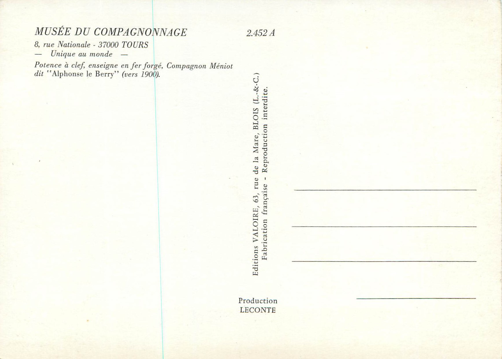 CPM Musee de Compagnonnage Tours Potence a Clef Ensiegneen Fer Forge Compagnon Meniot — Rückseite