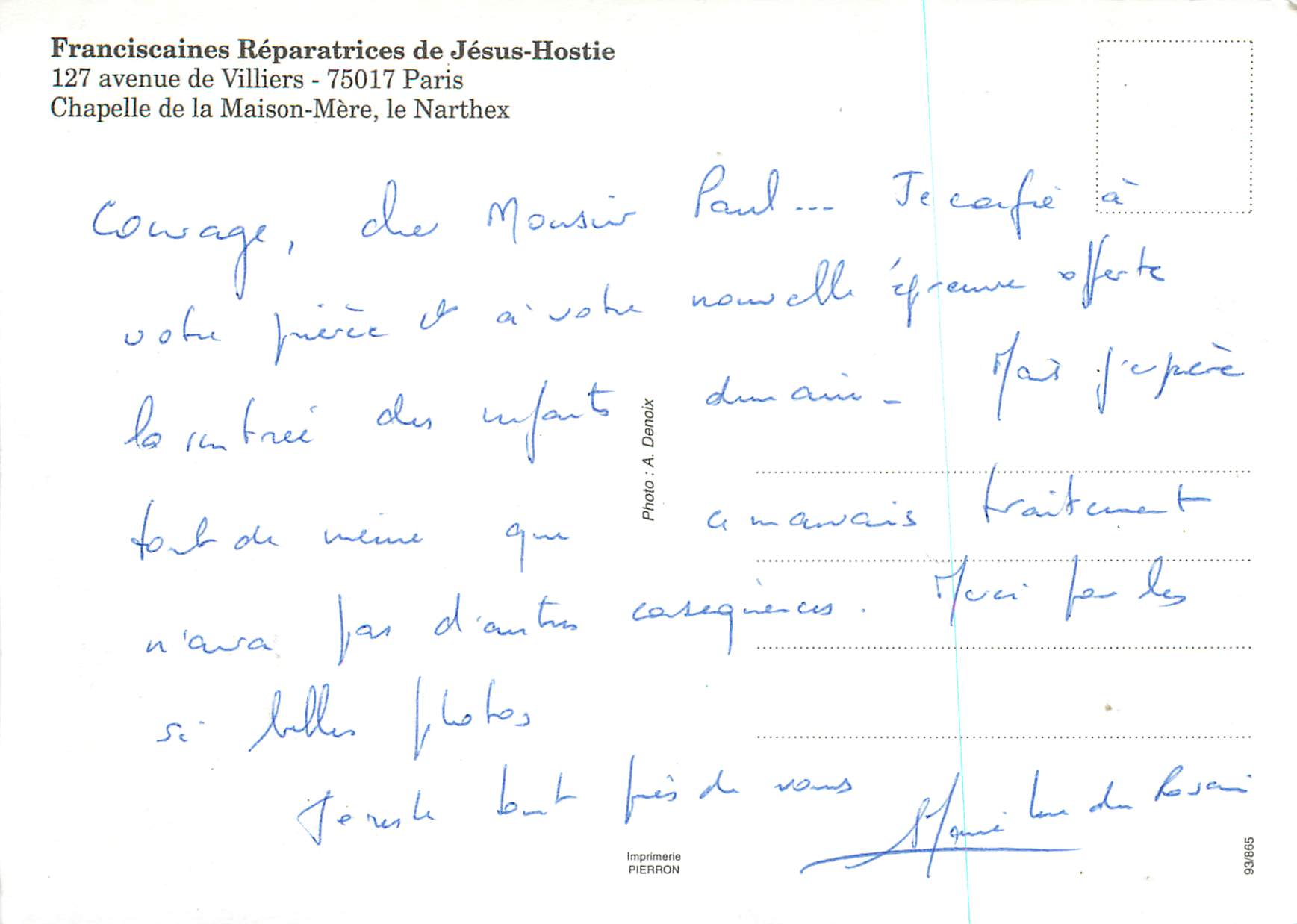 CPM Franciscaines Reparatrices de Jesus Hostie Paris Chapelle de la Maison Mere le Narthex — Verso
