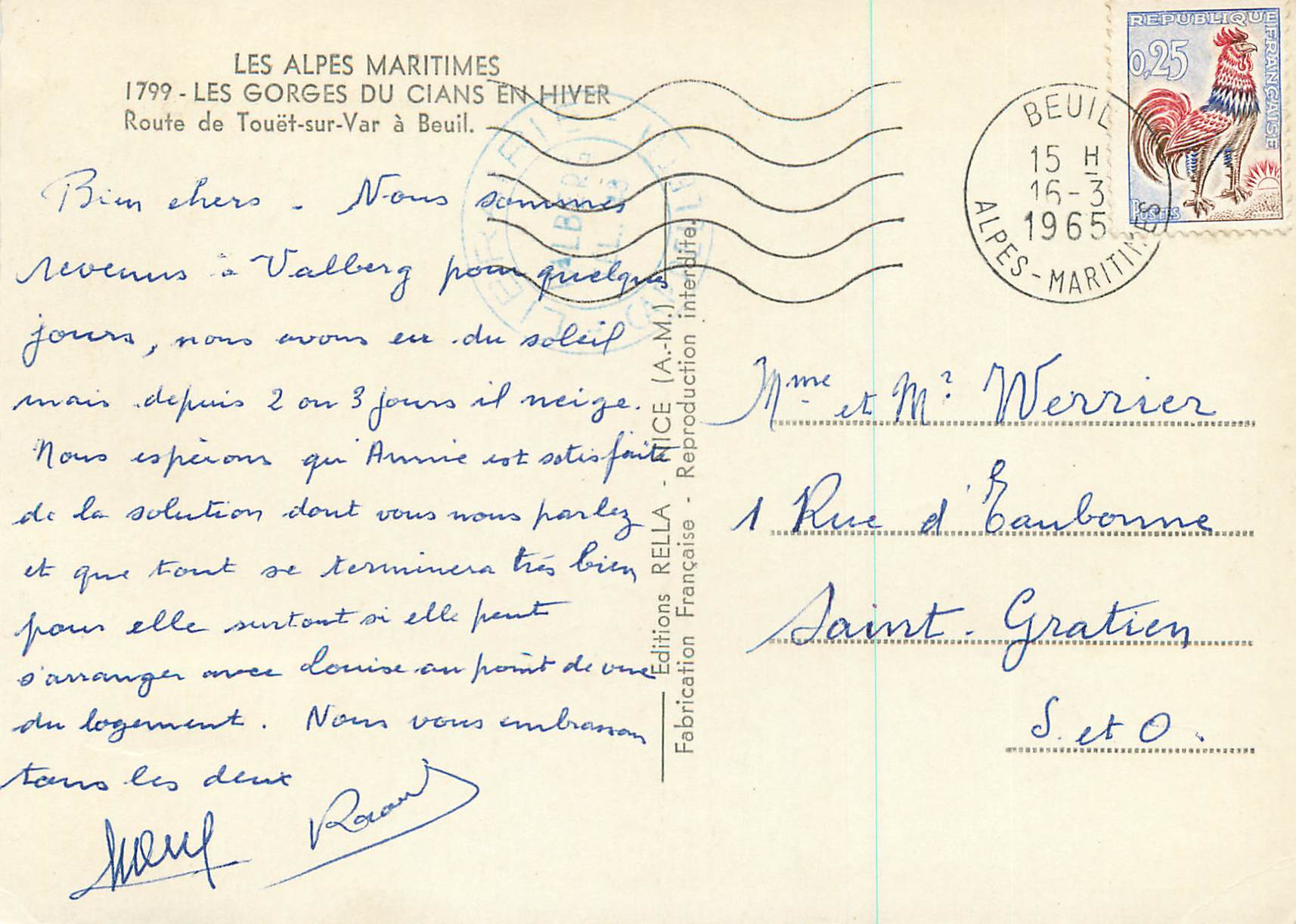 CPM Les Alpes Maritimes Les Gorges du Cians en Hiver Route de Touet sur Var a Beuil — Verso