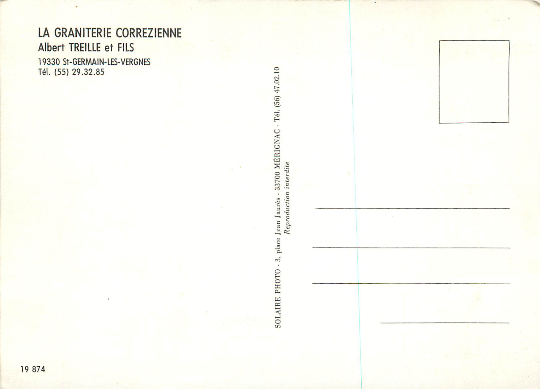 CPM La Graniterie Correzienne Albert Treille et Fils St Germain les Vergnes — Back