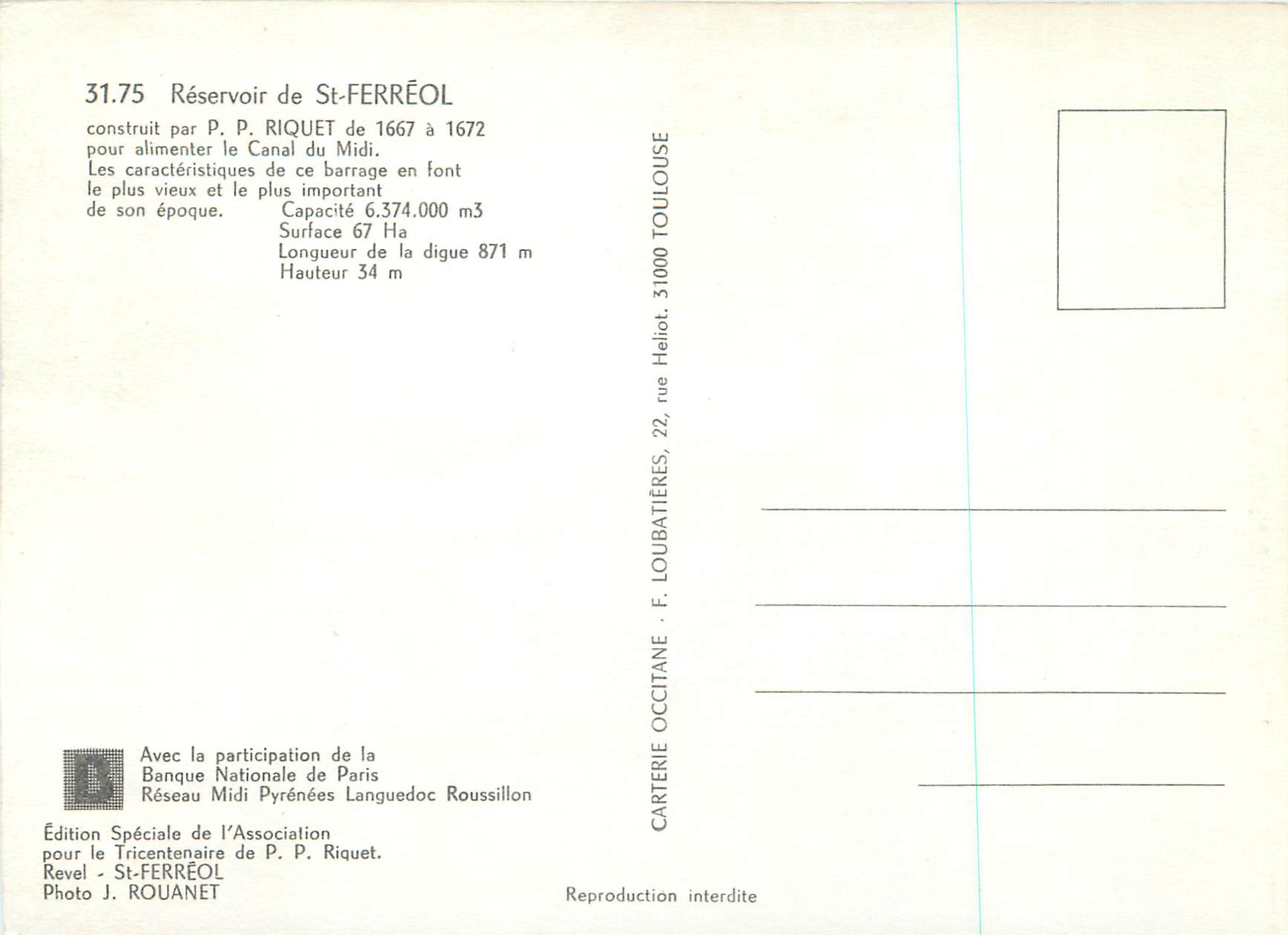 Réservoir de St-Ferréol — Tricentenaire de Pierre-Paul Riquet — Édition Spéciale de l'Association Revel - St-Ferréol — Verso