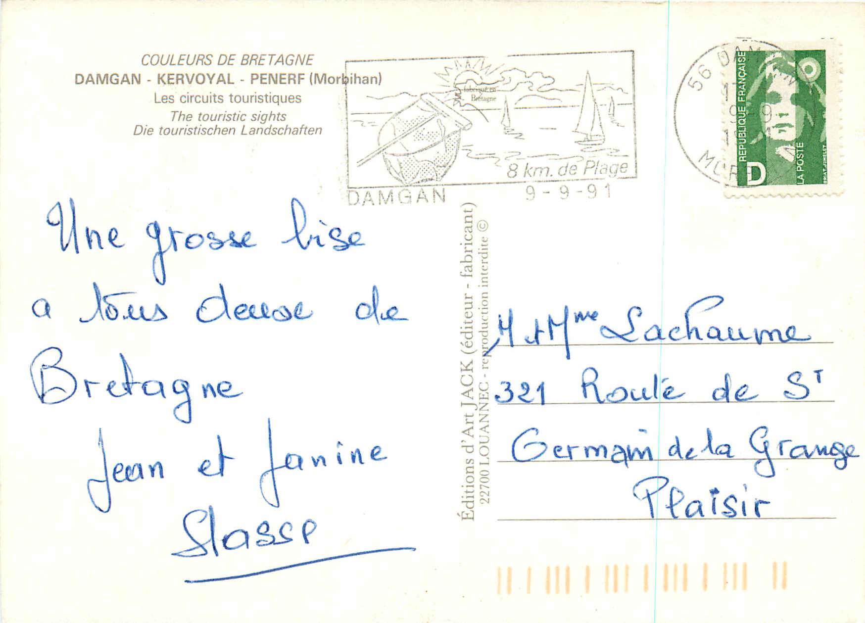 CPM Presqu'Ile de Damgan Kervoyal Penerf (Morbihan) Bretagne sud Les Ciruits Touristique — Rückseite