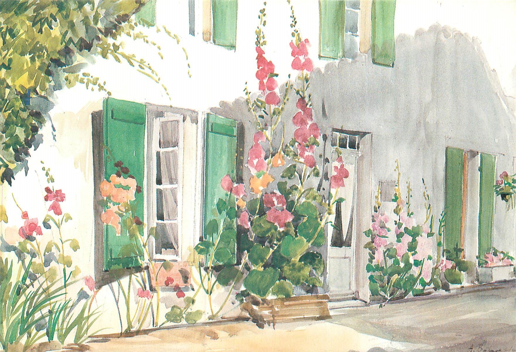 Violettes vertes et roses trémérières — Aquarelle d'Annick Balaresque — Cartina A 42 — Ile de Ré — Charente-Maritime