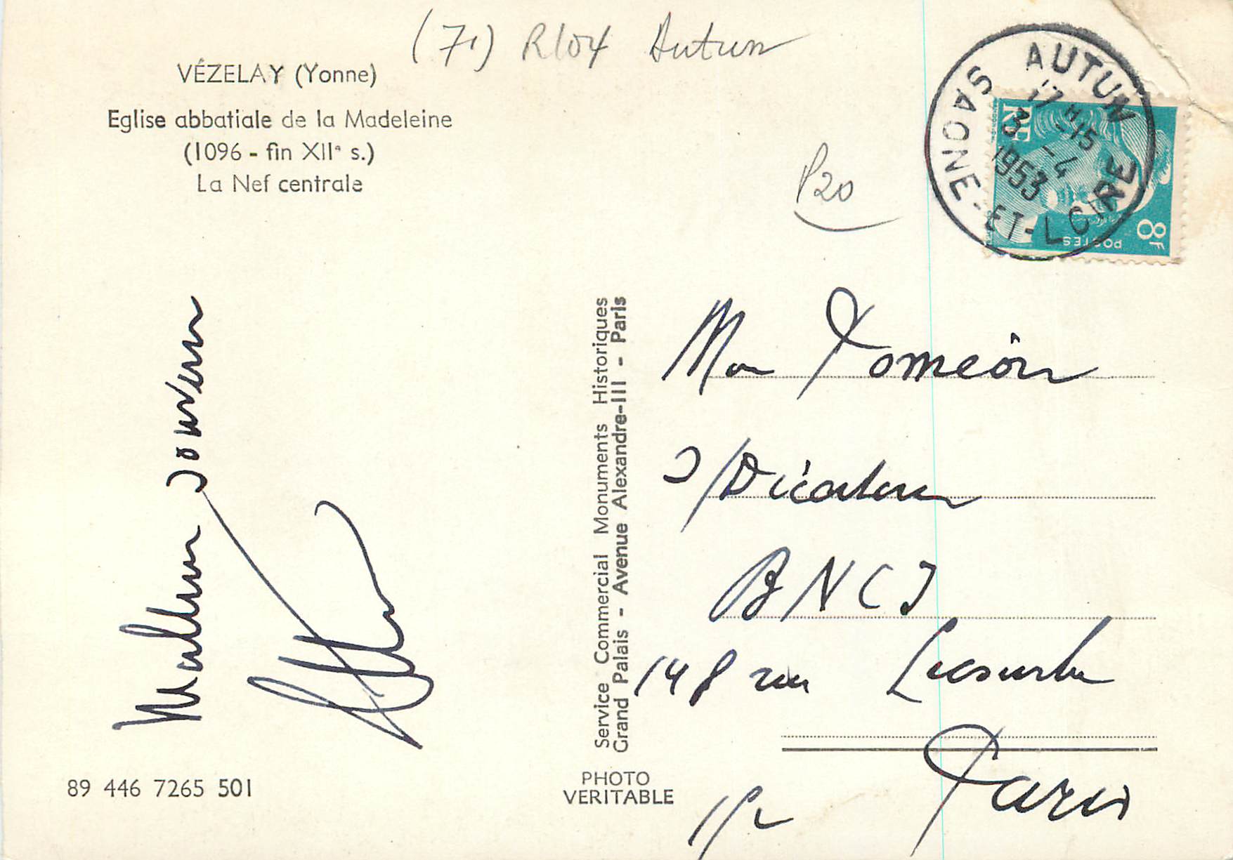 CPM Vezelay (Yonne) Eglise Abbatiale de la Madeleine (1096 fin XIIe S) La Nerf Centrale — Reverso