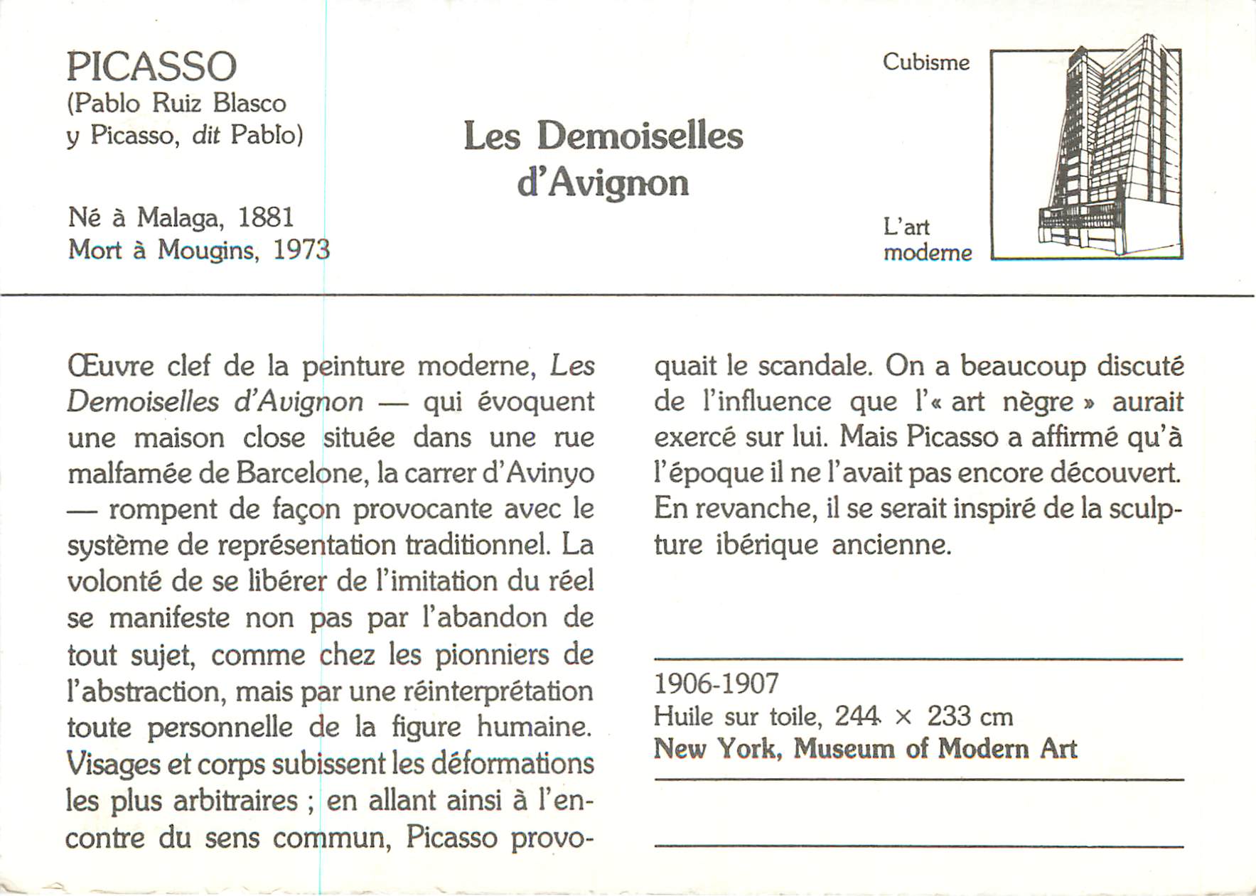 CPM Les Demoiselles d'Avignon Picasso (Pablo Ruiz Blasco Y Picasso dit Pablo) — Verso