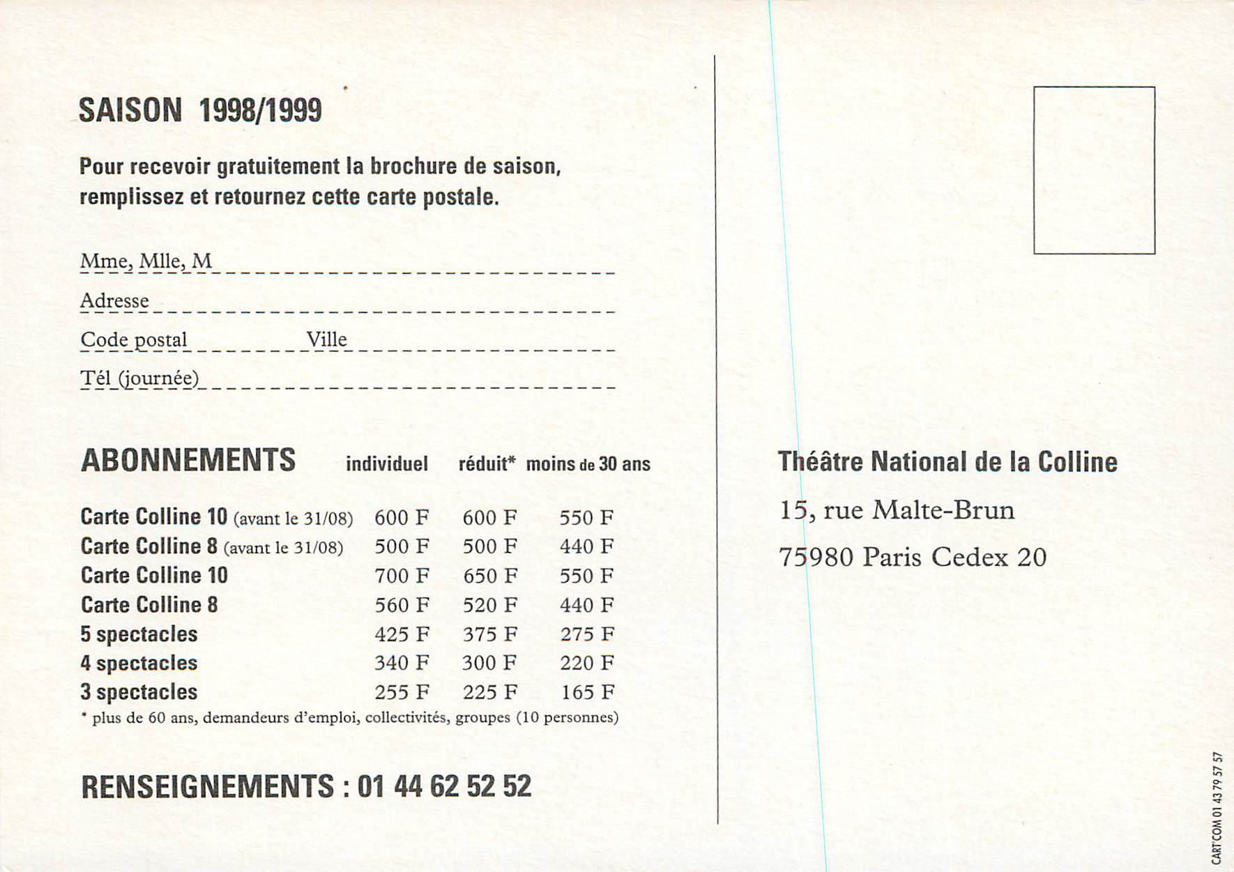 CPM Theatre National de la Colline Saison 1998 1999 Abonnez vous Rue Malte Brun Paris — Rückseite