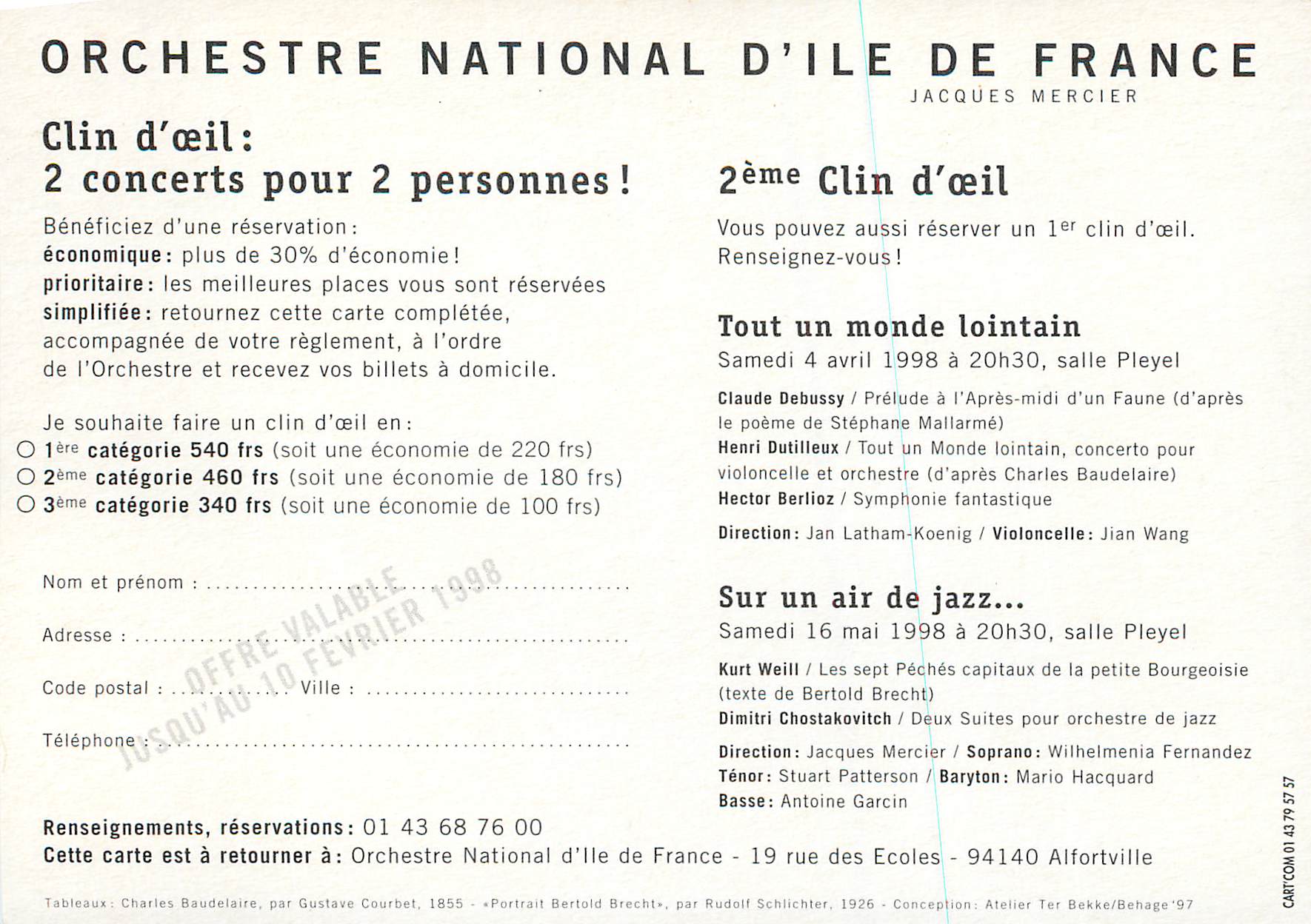 CPM Orchestre National d'Ile de France 2 Concert pour 2 personnes Jacques Mercier — Back