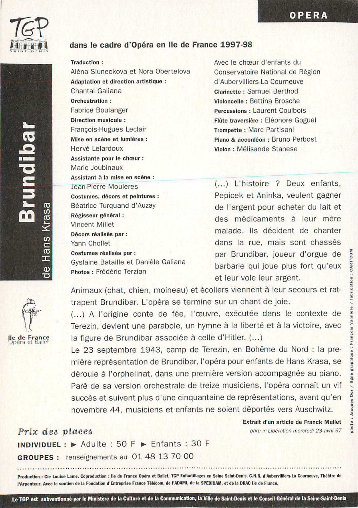 CPM Brundibar de Hans Krasa Opera en Ile de France 1997 1998 Theatre Gerard Philippe de Saint Denus  — Back