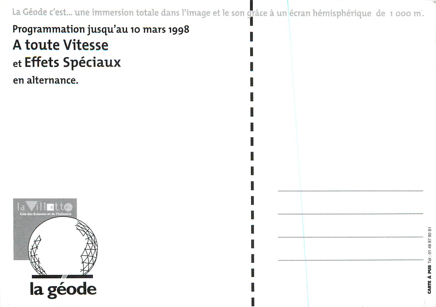 CPM Programmation Jusqu'au 10 mars 1998 A Toute Vitesse et Effets Speciaux en Alternance Avenue Corentin Cariou Paris — Rückseite