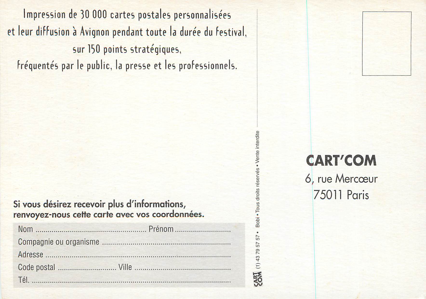 CPM Avignon off 95 Cart'Com Rue Mercoeur Paris — Rückseite