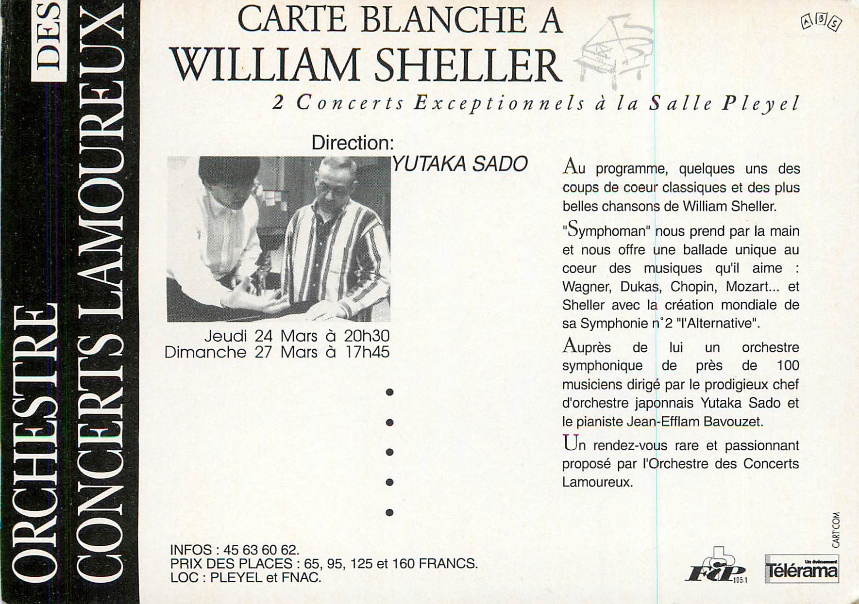 CPM Orchestre Concerts Lamoureux Sallepleyel 24 et 27 mars 94 Carte Blanche a William Sheller — Verso