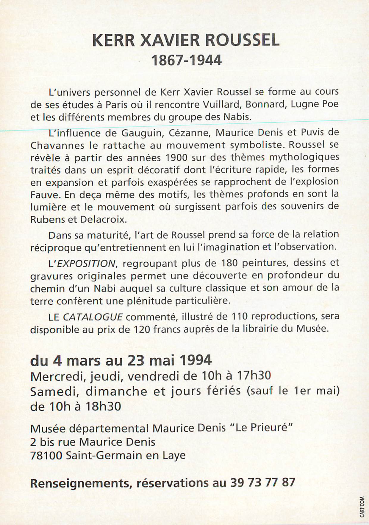 CPM Musee Departemental Maurice Denis Le Prieure K Xavier Roussel du 4 mars au 23 mai 1994 — Rückseite