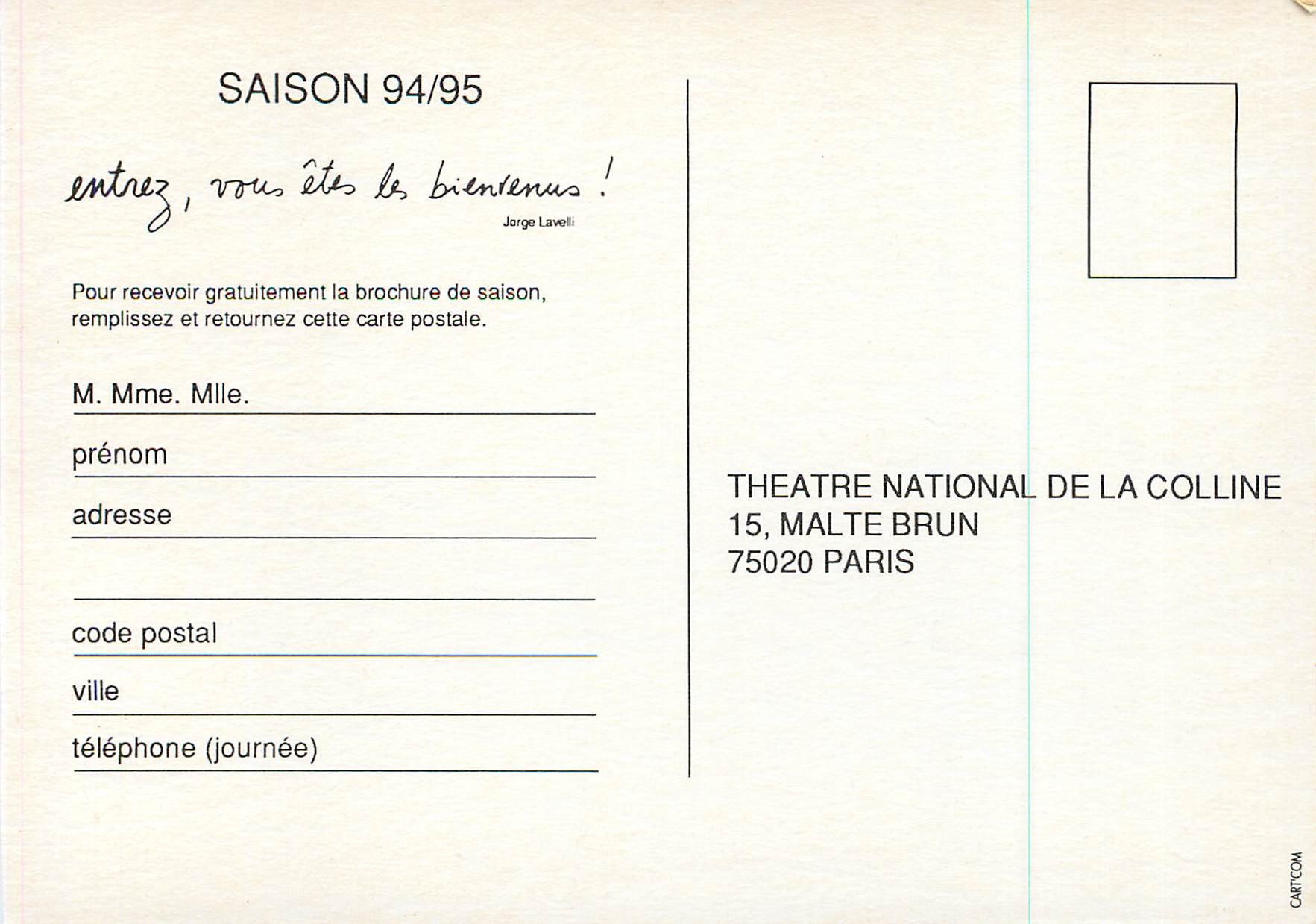 CPM Theatre National de la Colline Abonnez Vous Rue Malte Brun Mirozek L'amour en Crimee Dostoievski a la plage Weingert — Verso