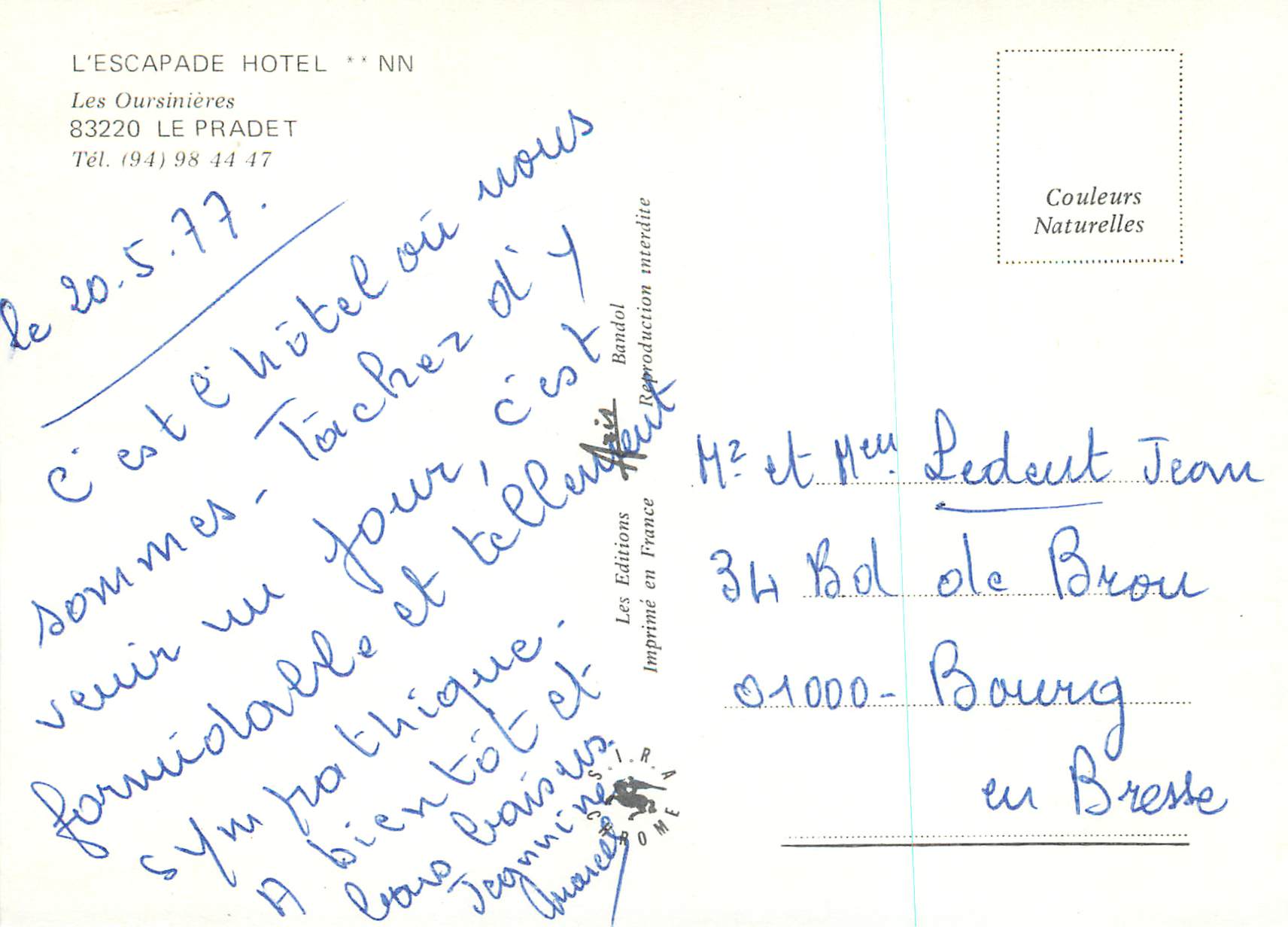 CPM L'Escape Hotel Les Oursinieres Le Pradet — Rückseite