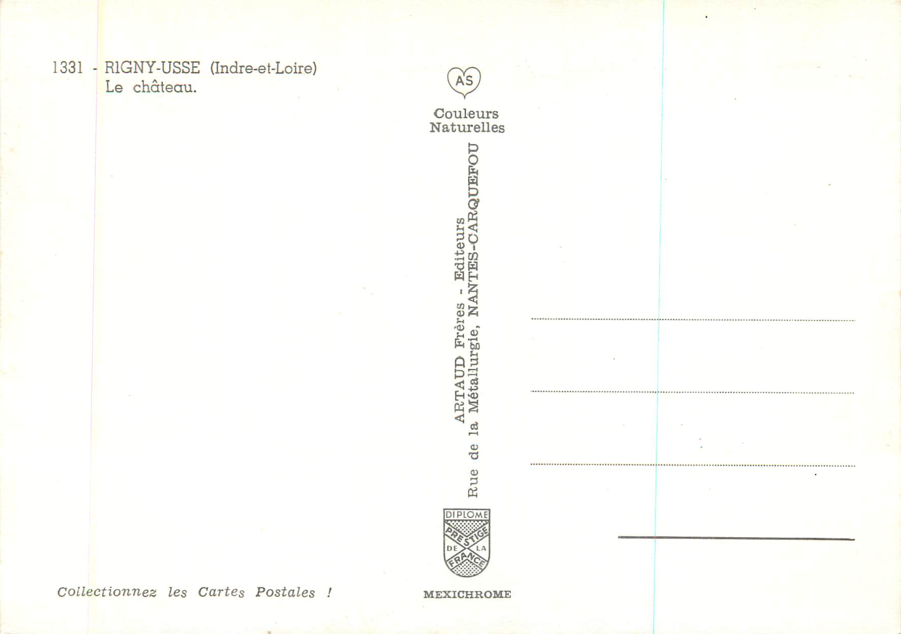 CPM Rigny Usse (Indre et Loire) le Chateau — Rückseite