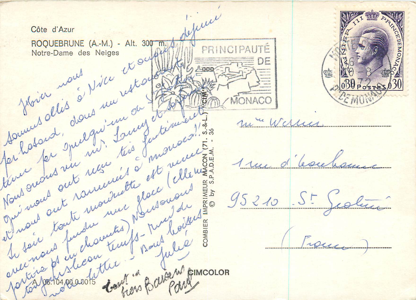 CPM Roquebrune (A M) alt 300m Notre Dame des Neiges Cote d'Azur — Rückseite