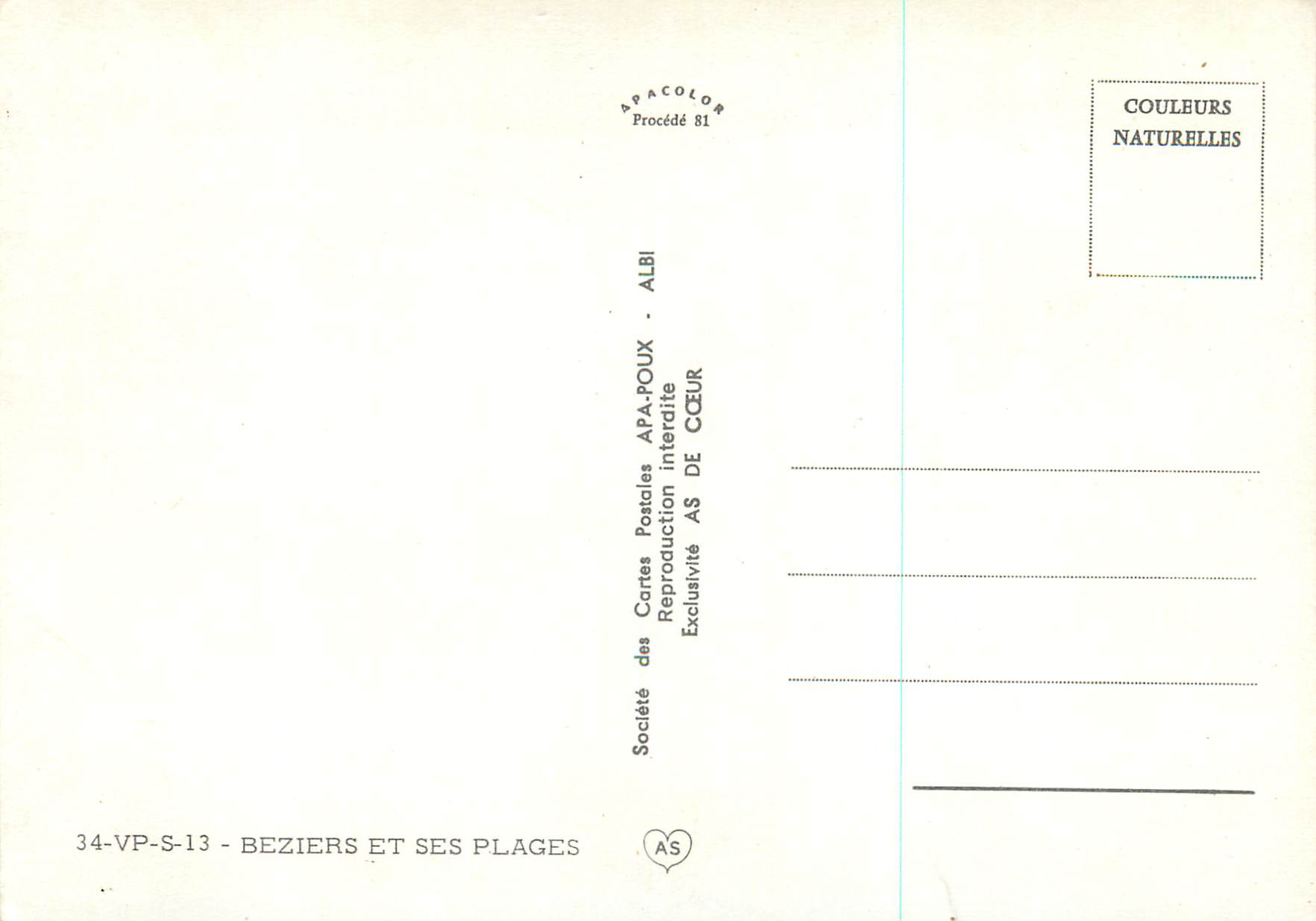 Beziers et ses plages — Société des Cartes Postales APA-POUX - ALBI — Rückseite