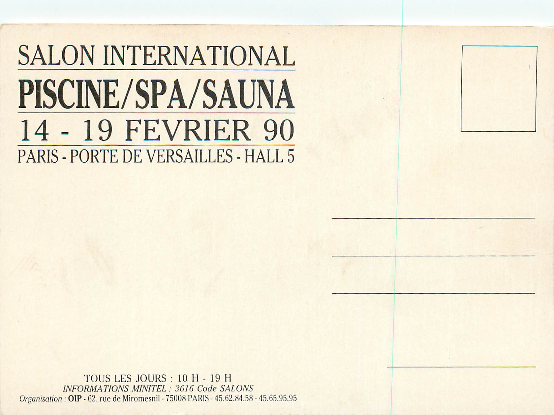 CPM Salon International Piscine Spa Sauna 14 19 Fevrier 90 Paris Porte de Versailles Hall 5 — Rückseite