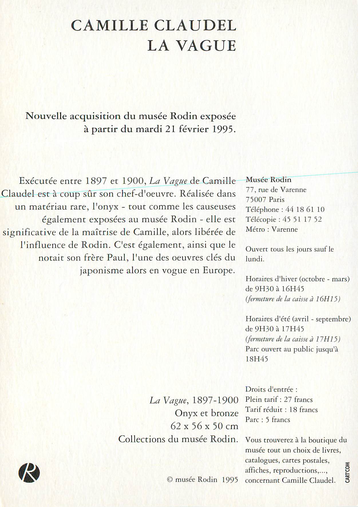 CPM Camille Claudel la Vague Nouvelle Exposition du Musee Rodin  — Rückseite