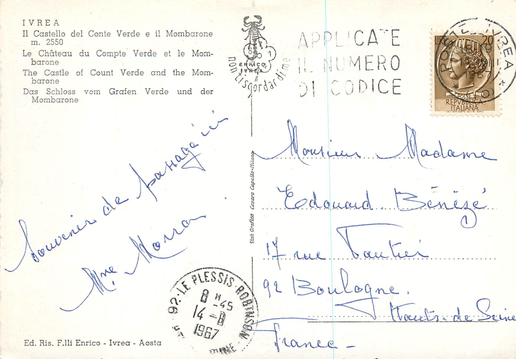 CPM Ivrea le Chateau du Compte Verde et le Mombarone — Rückseite
