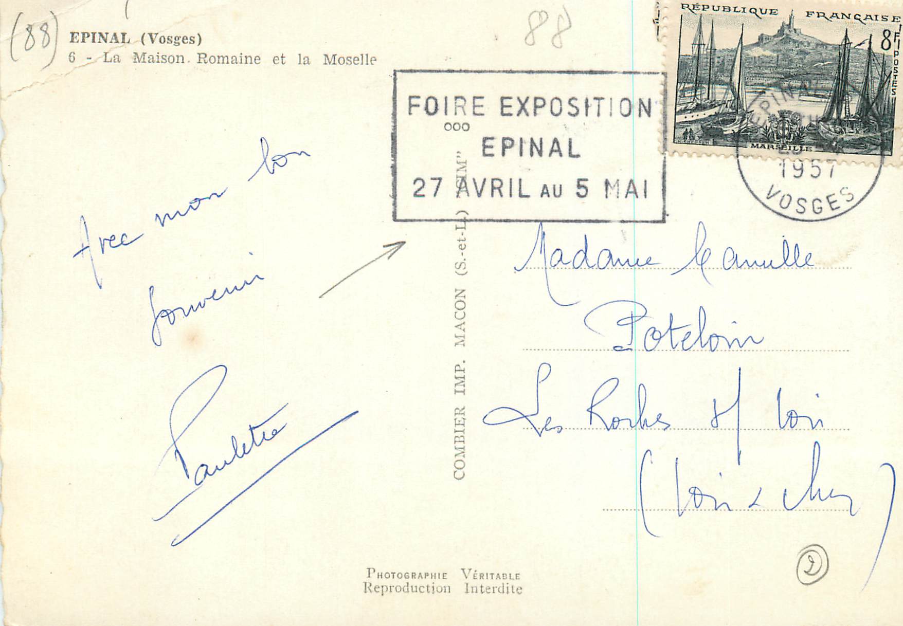CPM Epinal (Vosges) la Maison Romaine et la Moselle — Rückseite
