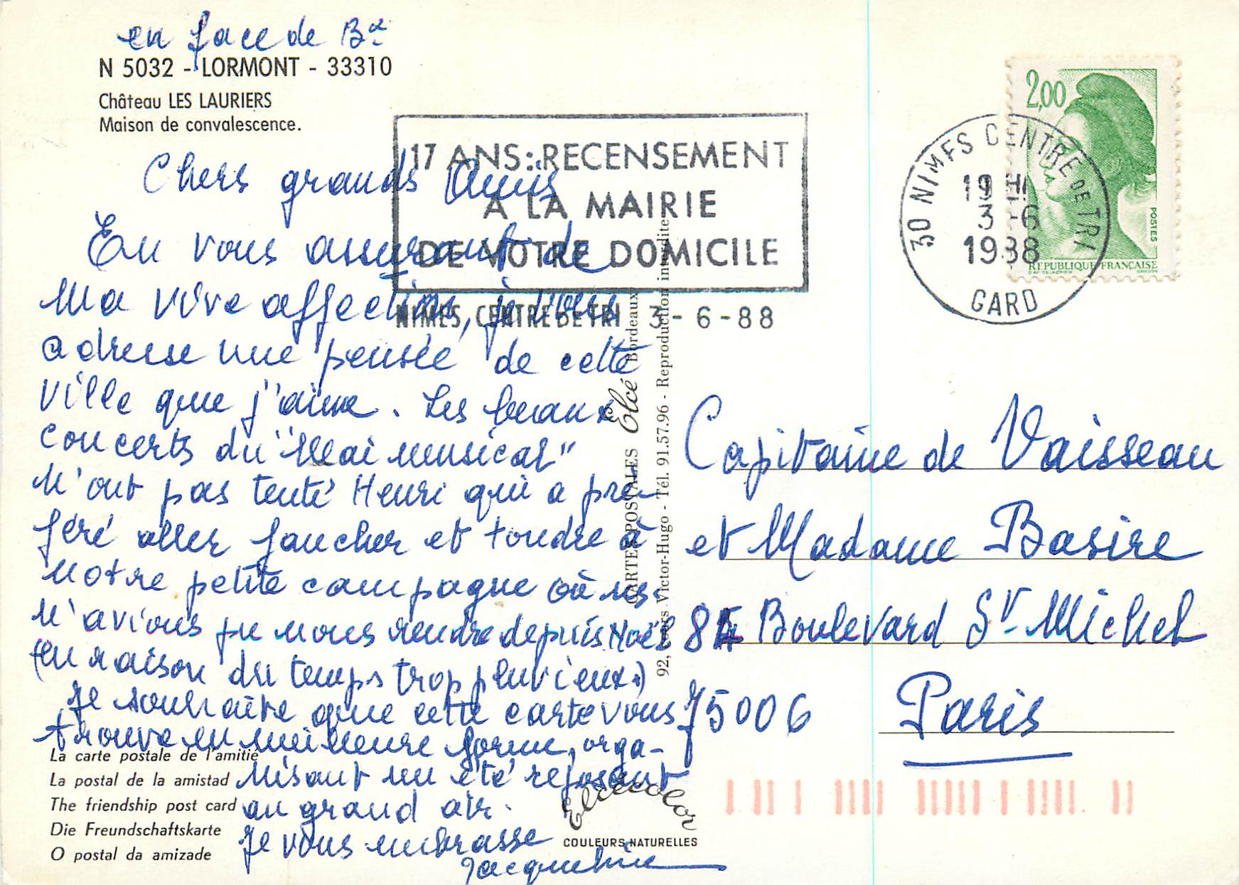 CPM Lormont Chateau les Lauriers Maison de Convalescence — Verso