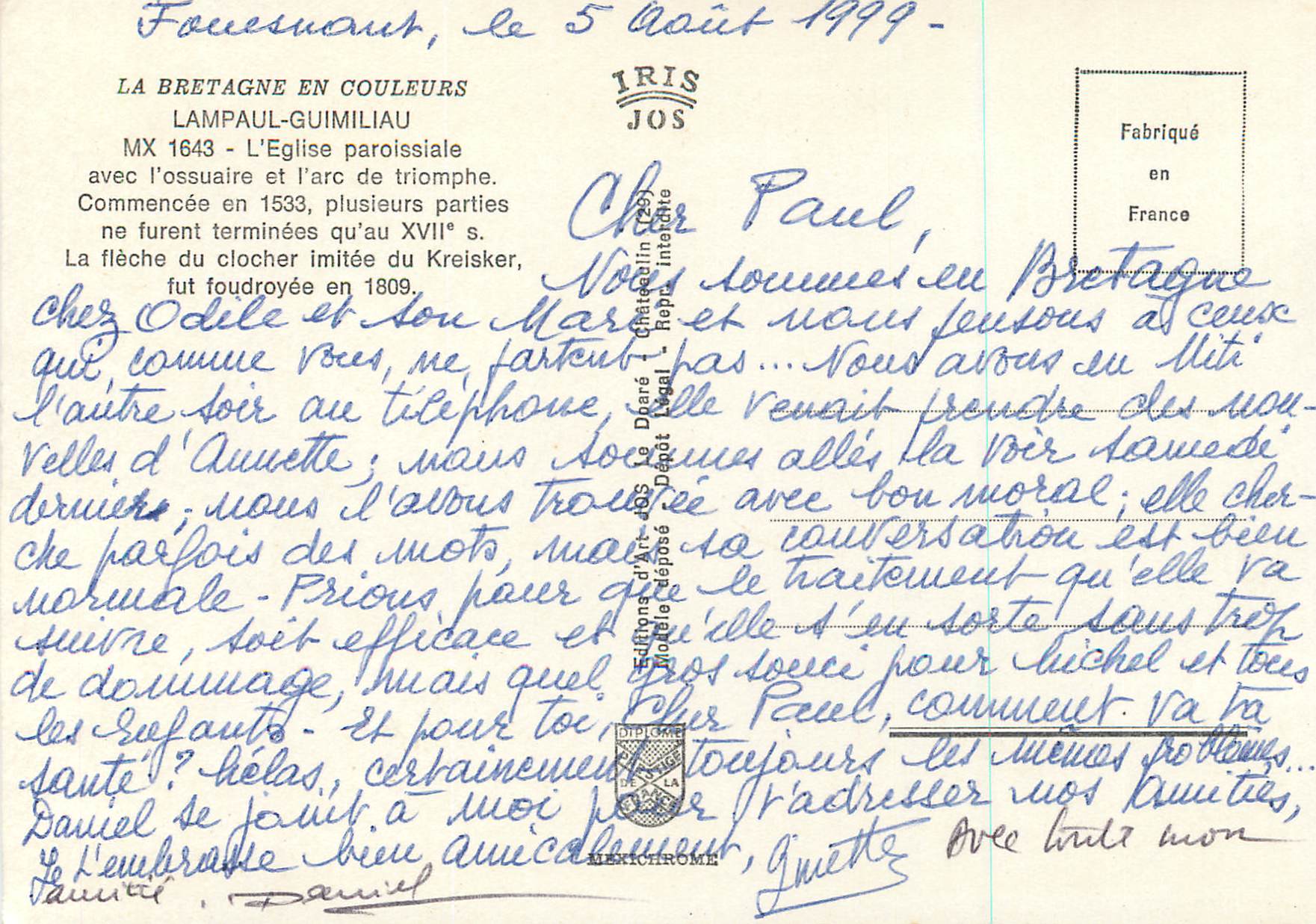 CPM Lampaul Guimiliau la Bretagne en Couleurs — Rückseite