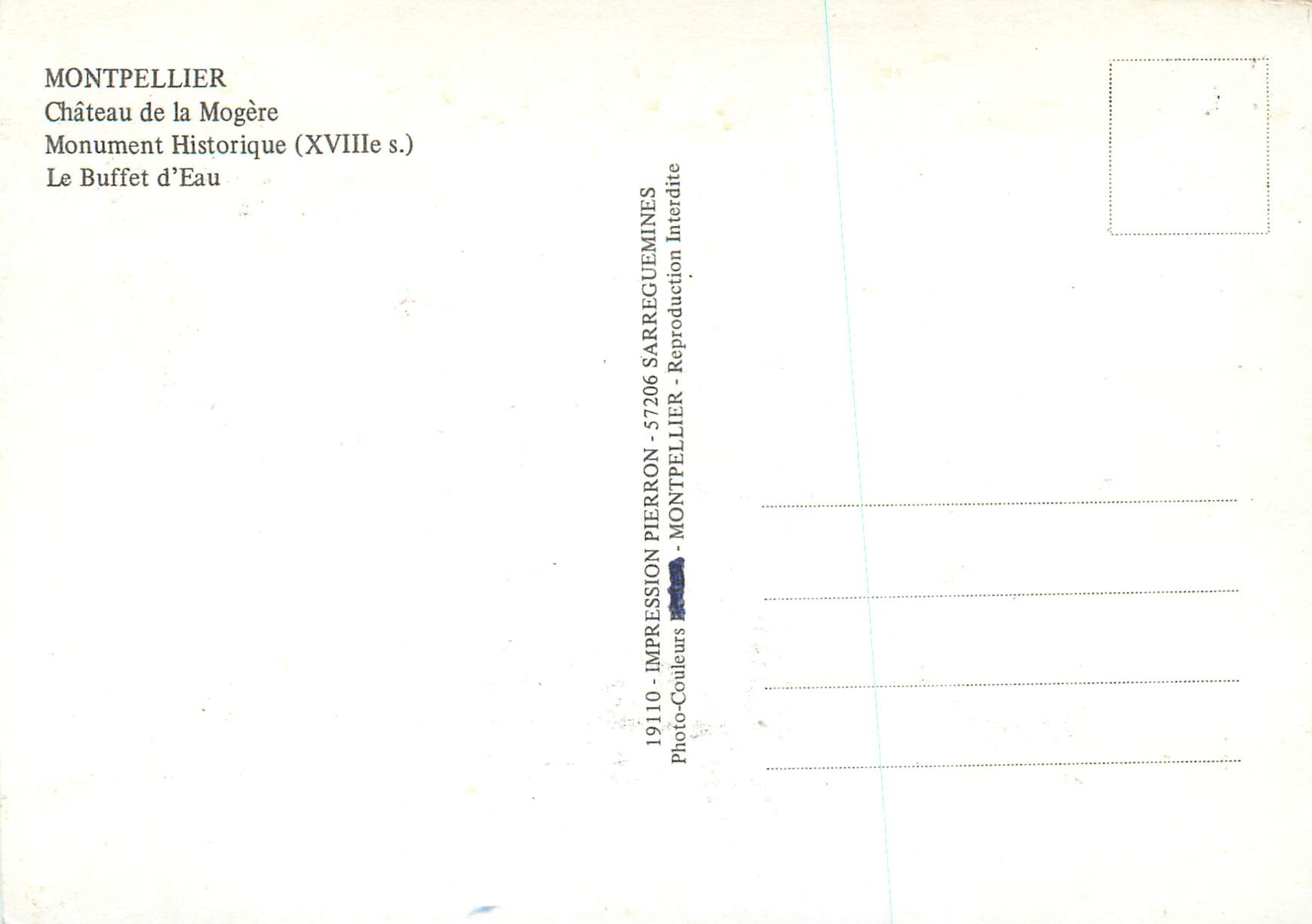 Château de la Mogère — Buffet d'Eau — Impression Pierron, Montpellier — Verso