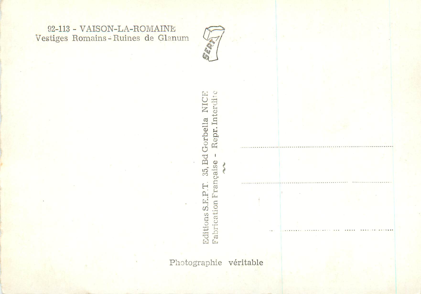 CPM Vaison la Romaine Vestiges Romains Ruines de Glanum — Rückseite
