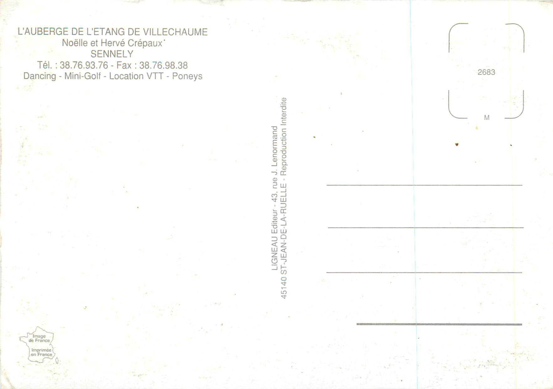 Domaine de Villechaume Sennely — Auberge de l'Etang de Villechaume — Éditeur Ligneau — Verso